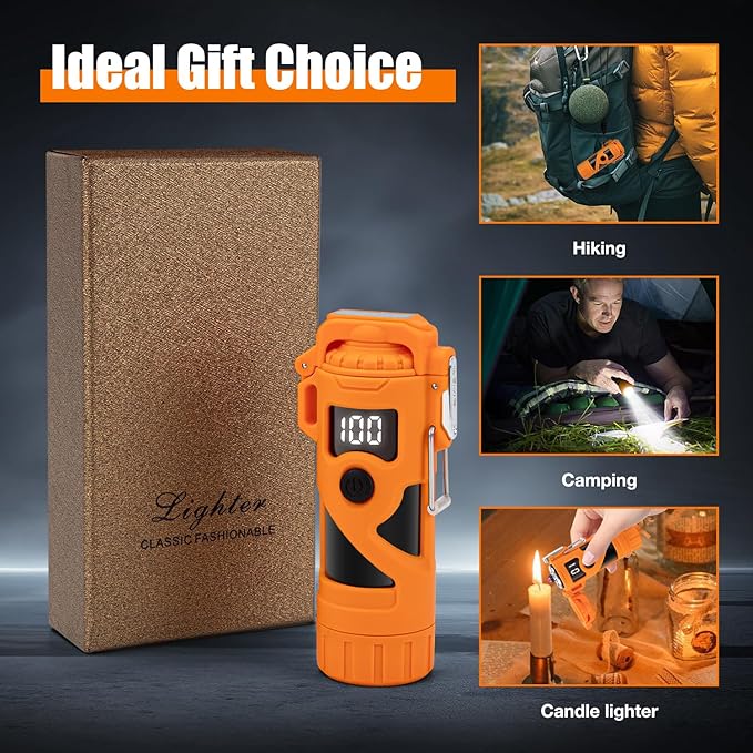 LcFun Electric Lighters Rechargeable Waterproof Dual Arc Plasma Lighter with Battery Display & Flashlight Windproof Electronic USB Lighter for Candle, Camping, Hiking, Survival Gear Supplies