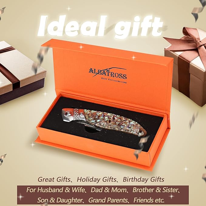 ALBATROSS HGDK028 EDC Sharp Mordern Damascus Folding Pocket Knife with Abalone shell Synthetic Material Handle,Ball Bearing Assisted Opening Knives with Liner Lock Tail rope，Gifts/Collections