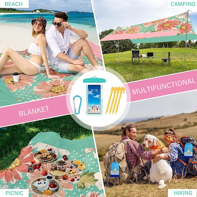 BYDOLL Beach Blanket Sandproof Waterproof 78''×81'' 1-4 Adults Compact Lightweight Oversized Beach Blanket Large Picnic Mat Beach Blanket for Travel Camping Hiking Picnic