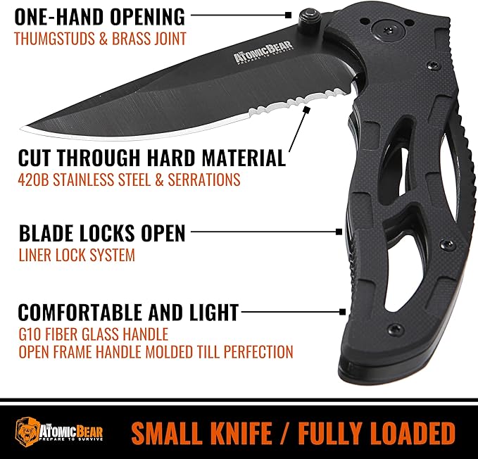 The Atomic Bear Pocket Knife with Stainless Steel Blade - G10 Handle Folding Knife for Outdoor, Tactical, Utility and EDC
