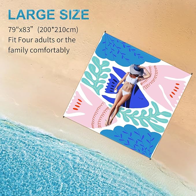 Beach Blanket Waterproof Sandproof 79"x 83" for 1-4 Adults,Quick Drying Beach Mat,Lightweight & Durable,Beach Essentials for Family Beach Camping Travel Picnic (Pink Fish)