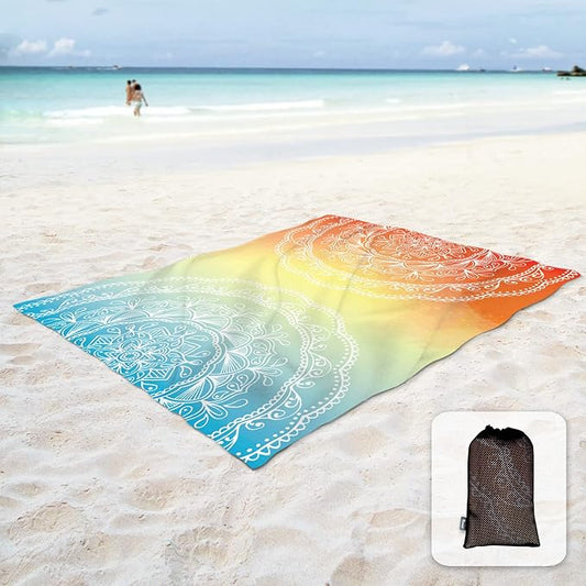 Sunlit Silky Soft 85"x72" Boho Sand Proof Beach Blanket Sand Proof Mat with Corner Pockets and Mesh Bag for Beach Party, Travel, Camping and Outdoor Music Festival, Light Orange and Sky Blue Mandala