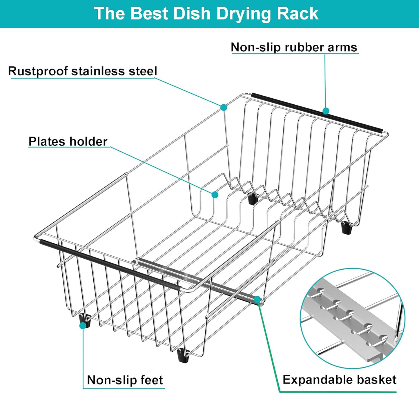 iPEGTOP Capacity Expandable Over Sink Dish Drying Rack, Multifunctional Adjustable (14"-18.5") Rustproof Stainless Steel Dish Drainer Organizer Shelf with Utensil Holder for Kitchen Counter Sink