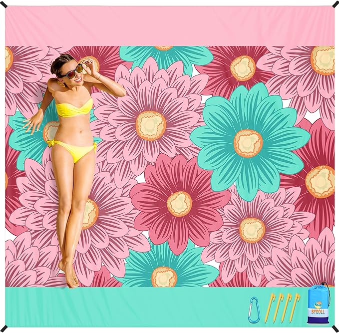 BYDOLL Beach Blanket Sandproof Waterproof 78''×81'' 1-4 Adults Floral Compact Lightweight Oversized Beach Blanket Large Picnic Mat Beach Blanket for Travel Camping Hiking Picnic