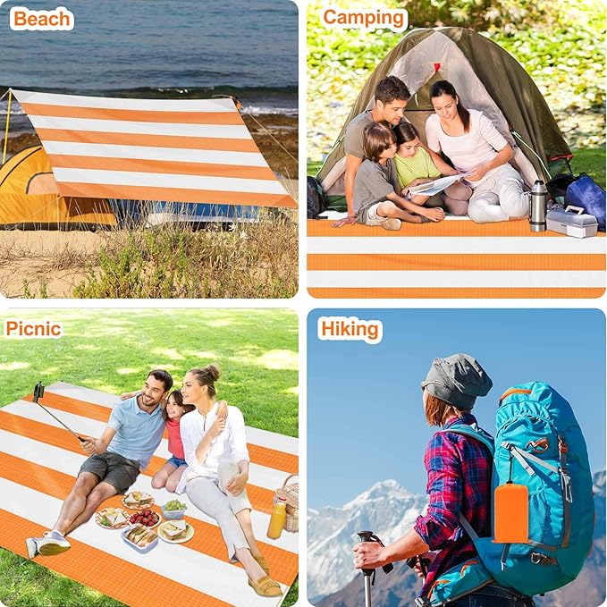 Beach Blanket Sandproof Waterproof, Large Beach Mat Lightweight Portable Quick Drying for Picnic Camping Hiking Travel Beach Accessories (1, Orangewhite, 83x79 Inches)