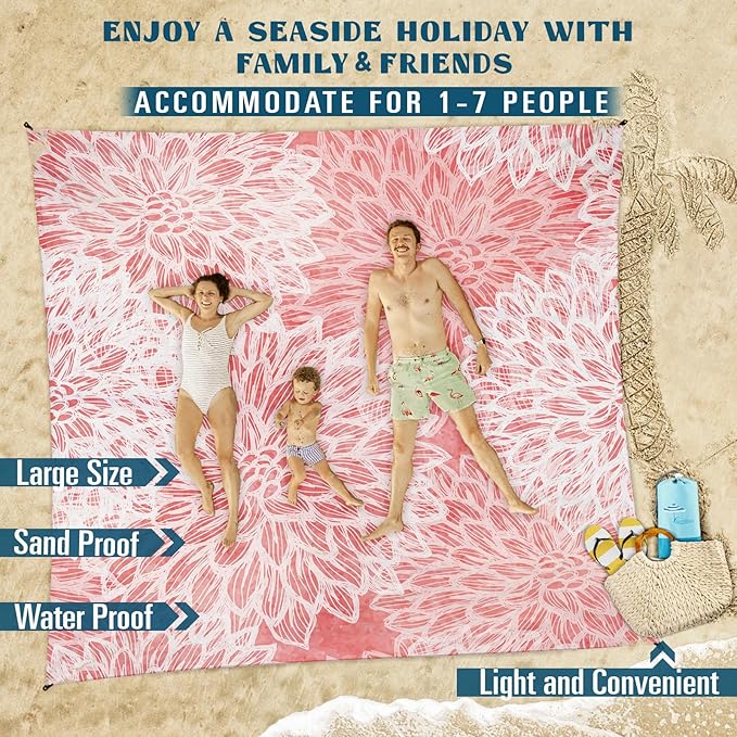 Beach Blanket Sandproof Waterproof 78''×110'' 1-7Adults Oversized,Compact Lightweight Durable Beach Mat for Travel Camping Hiking Picnic Blanket
