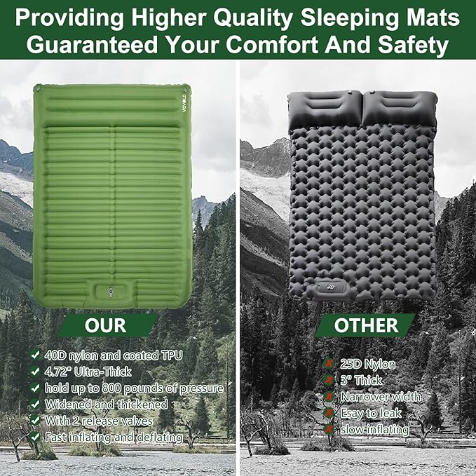 Double Sleeping Pad for Camping, 4.72" Ultra-Thick Self Inflating Camping Pad 2 Person with Pillow Built-in Foot Pump Portable Camping Pad for Backpacking, Hiking, Tent, Traveling(Green)