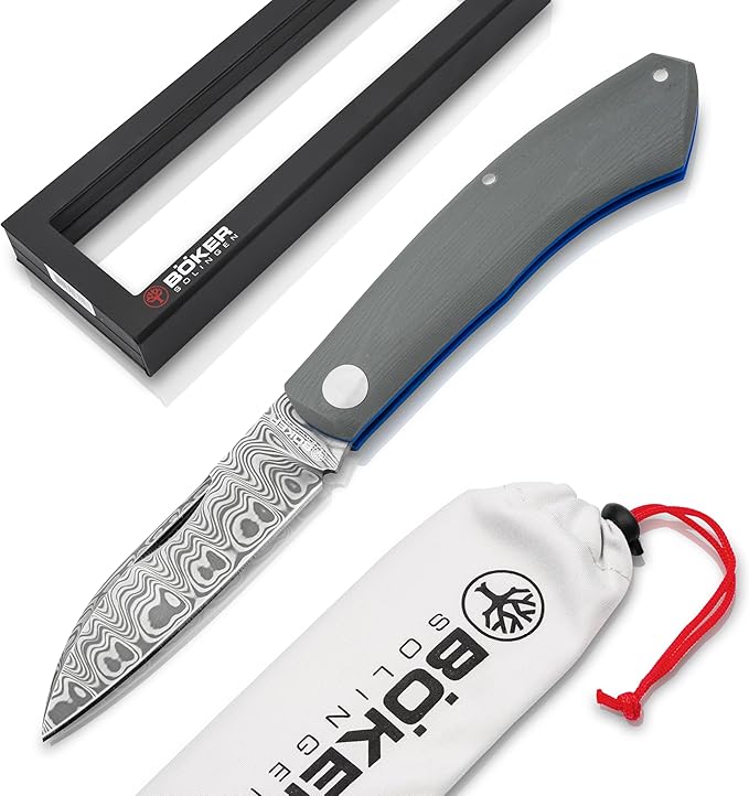Boker Solingen® Damascus Annual Knife 2023 - Folding knife - EXCELLENT Collectors Knife with G10 handle gray-blue -Pocket knife - Limited Edition knife with slipjoint