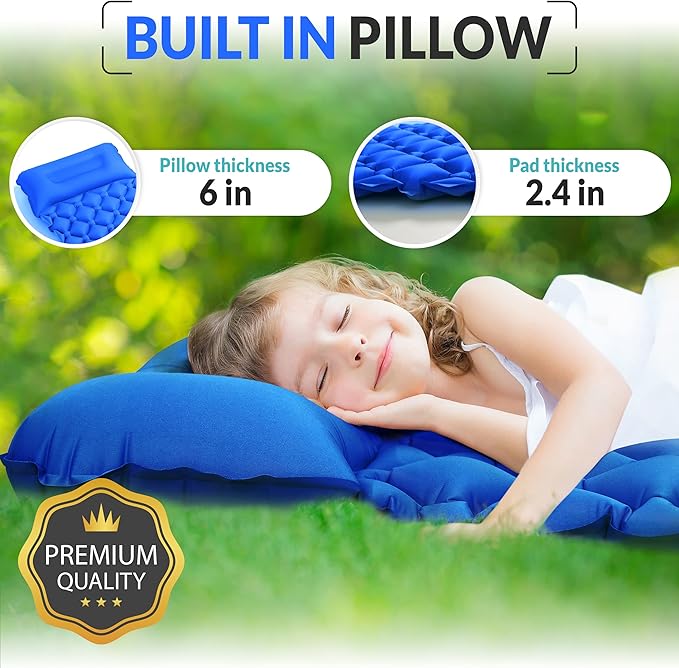 Kids Sleeping Pad for Camping and Sleepovers with Pillow, Inflatable Camping Mattress for Backpacking & Travel, Thick Toddler Cot Mat, Fast Inflating Camping Sleeping Pads for Kids