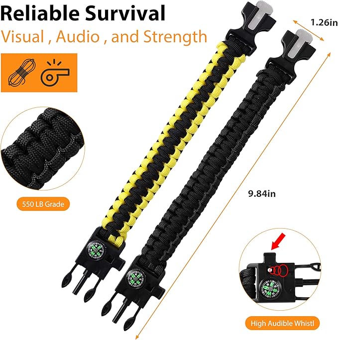 Bracelets,Survival Bracelets for Men Paracord Tactical 5-in-1 Camping Gear Kits,with 12-ft Detachable Parachute Rope,Fire Starter,Embedded Compass,Whistle&Emergency Multitools