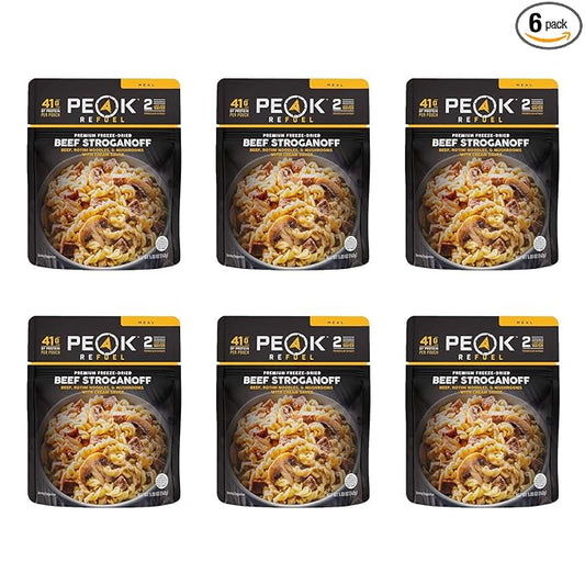 Peak Refuel Beef Stroganoff | Freeze Dried Backpacking and Camping Food | Amazing Taste | High Protein | Real Meat | Quick Prep (6-Pack)