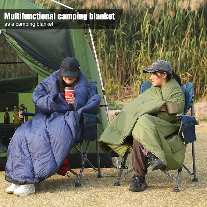 REDCAMP Wearable Camping Blanket Lightweight, Multifunctional Warm Travel Quilt Waterproof, Compact Wearable Poncho with Detachable Hood for Camping, Hiking (Army Green)
