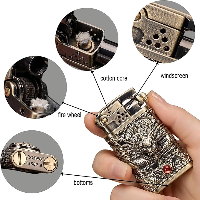 Cool Embossed Design Kerosene Wheel Lighter Refillable Eco-Friendly, Vintage Dazzling & Ultra-Cool, Unique for Men Candles Gift Camping BBQ (No Kerosene) (5#)