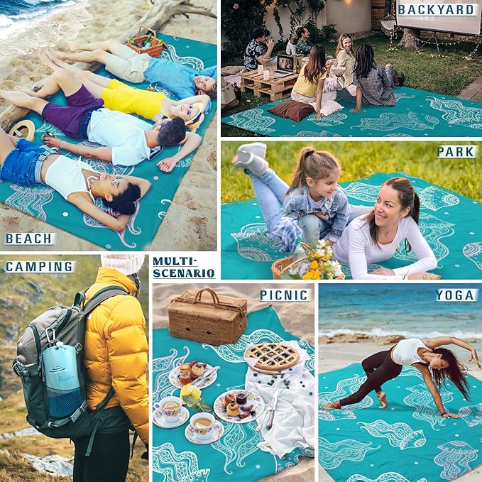 Beach Blanket Sandproof Waterproof 78''×110'' 1-7Adults Oversized,Compact Lightweight Durable Beach Mat for Travel Camping Hiking Picnic Blanket