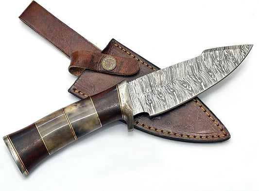 Damascus Steel Hunting Knife Fixed Blade for Camping, Survival- Premium Outdoor Gear for Versatile Use - Razor Sharp Edge with Bone and Rose Wood