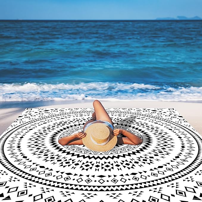 Waterproof Sandproof Beach Blanket, 78"" x 86"" Large Beach Mat for 2-4 Adults, Lightweight Compact Polyester Picnic Blanket for Outdoor, Travel, Camping, Hiking, Beach Essentials, Black Mandala