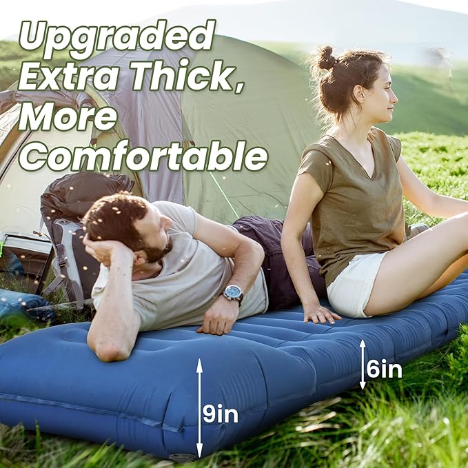 ropoda Upgraded Extra Thickness 6'' Inflatable Sleeping Pad with Pillow, Built-in Foot Pump, 77''*27'' Camping Pad with Carry Bag, Ultralight & Compact Camping Mat Pad for Hiking, Blue