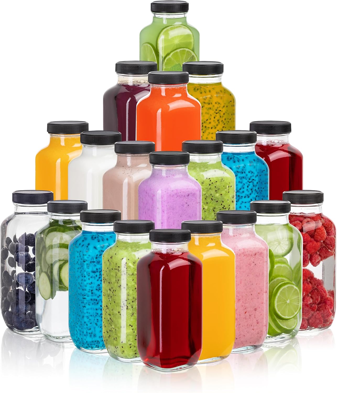 Juice Bottles with Lids, 16 Oz - Set of 20 - Clear Glass Jars with Caps - Reusable Empty Drink Containers for Juicing, Smoothies, Water, Milk, Kombucha Storage, Wellness Shots and More (20)