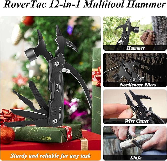 RoverTac Tool Set for Mens Gifts-Christmas Gifts for Men Gifts for Dad Husband Gifts Dad Gifts Boyfriend Christmas Gifts Mens Stocking Stuffers-12 in 1 Multitool Hammer Box Cutter Snowflake Multitool