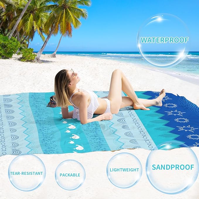 BYDOLL Beach Blanket Sandproof Waterproof 78''×81''1-4 Adults Compact Lightweight Oversized Beach Blanket Large Picnic Mat Beach Blanket for Travel Camping Hiking Picnic