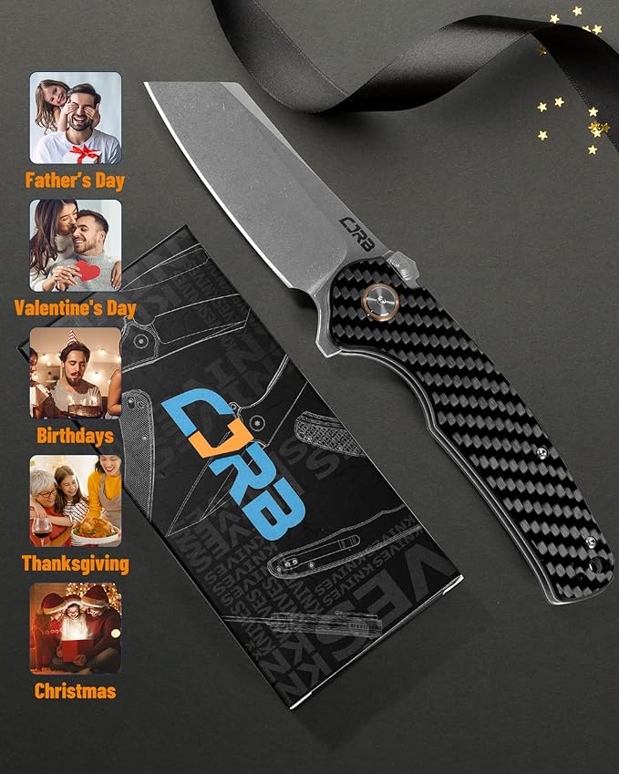 CJRB Crag Tactical Knife,Cleaver Pocket Folding Knife with Stonewash AR-RPM9 Steel Blade and Carbon Fiber Handle for Men Outdoor, Survival, Camping and EDC Black (J1904R)