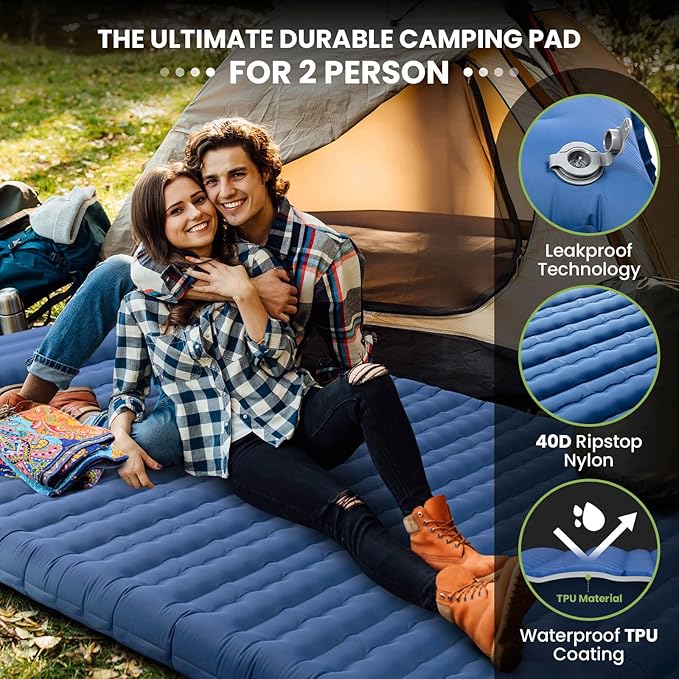 Double Sleeping Pad, 4.7“ Ultra-Thick Camping Mattress 2 Person for Backpacking, Hiking(Blue)