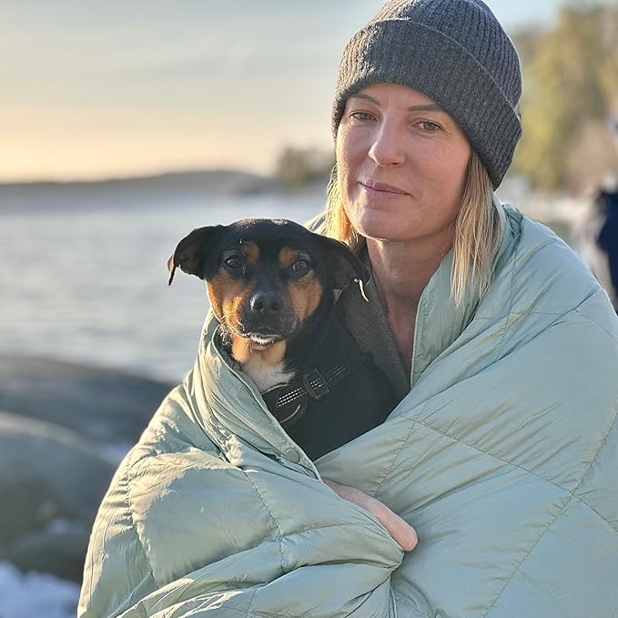 Down Camping Blanket - Warm Puffy Camping Quilt for Cold Weather, Backpacking, Hiking, Beach, Travel Gear - Lightweight Outdoor Packable Blanket Poncho or Throw & Bag - 50x77