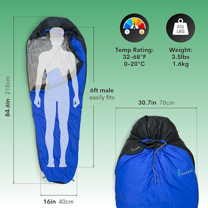 Duck Down Mummy Sleeping Bag for Adults – Cold & Warm Weather Sleeping Bags – Lightweight, Compact & Portable Camping – Sleep Bag for Hiking & Backpacking – Compression Carrying Bag