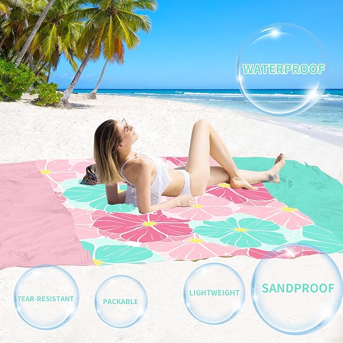 BYDOLL Beach Blanket Waterproof Sandproof Oversized 78''×81''1-5 Adults Lightweight Beach Blanket Large Picnic Mat Beach Blanket for Travel Camping Hiking Picnic