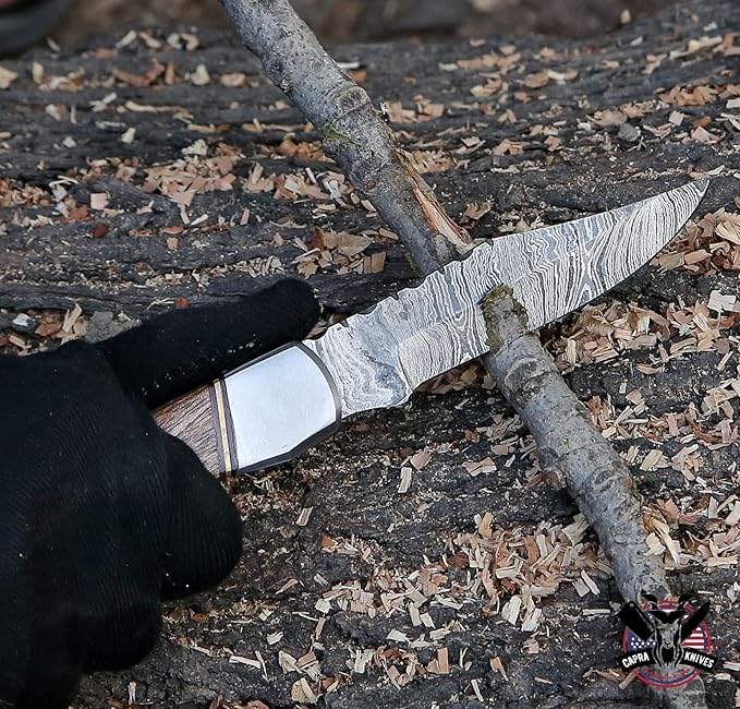 Capra Knives CK-43 Handcrafted Folding Pocket Knife 5” Folded, 9” Long Overall, 8oz Mohagni Wood Handle, Damascus Blade with Leather Sheath