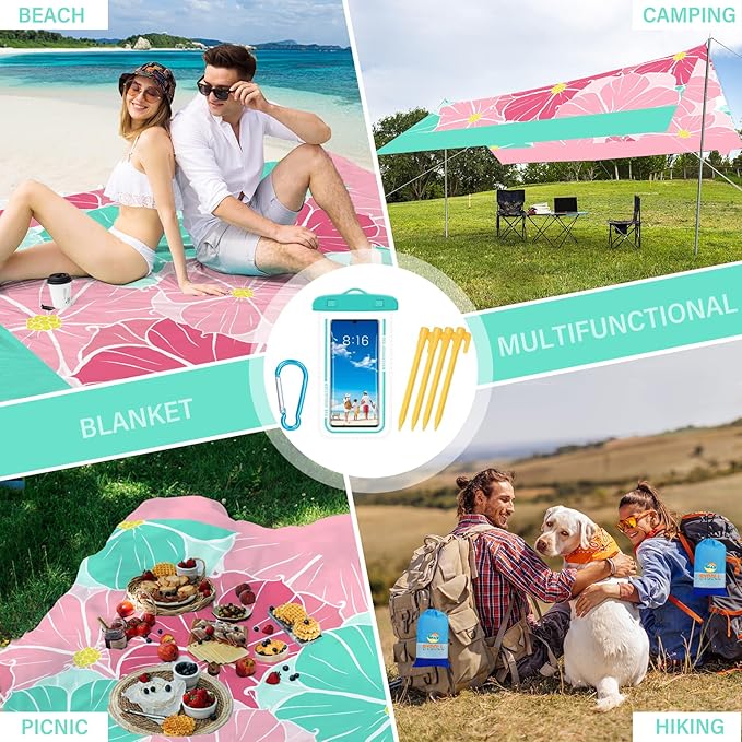 BYDOLL Beach Blanket Waterproof Sandproof Oversized 78''×81''1-5 Adults Lightweight Beach Blanket Large Picnic Mat Beach Blanket for Travel Camping Hiking Picnic
