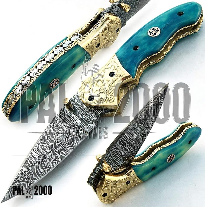 PAL 2000 KNIVES FOL-9418 Damascus steel folding pocket knife With Sheath