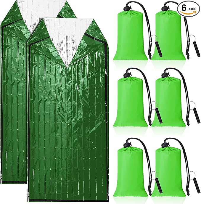 Qunclay 6 Set Emergency Sleeping Bag Portable Bivy Sack with Whistles Thermal Waterproof Survival Bag Foldable Lightweight Emergency Supplies for Outdoor Travel Camping Hiking