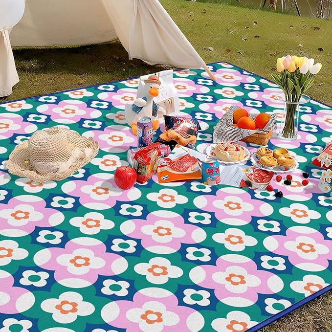 Boho Floral Picnic Blanket Waterproof Foldable Extra Large Picnic Mat Beach Blanket 60"x80" for Camping Beach Hiking Patio Party Outdoor Decor Gifts