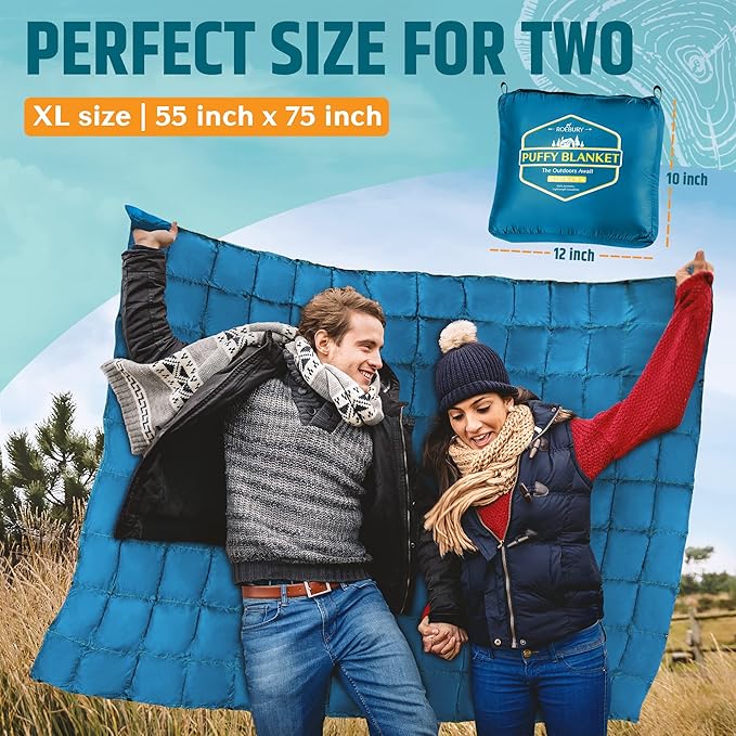 Puffy Camping Blanket Packable Vegan (Down Alternative) Compact Lightweight XL Blankets for Outdoor Cold Weather Backpacking Hiking Travel Stadium - Water-Resistant