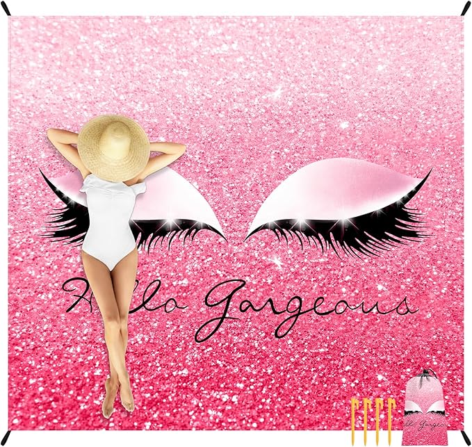 Pink Beach Blanket Waterproof Sandproof, Oversized 78”x 86” Large Foldable Outdoor Picnic Blanket 1-4 Adults, Lightweight Sand Free Beach Mat w/ 4 Stakes for Travel, Camping, Hiking - Gorgeous Eyes