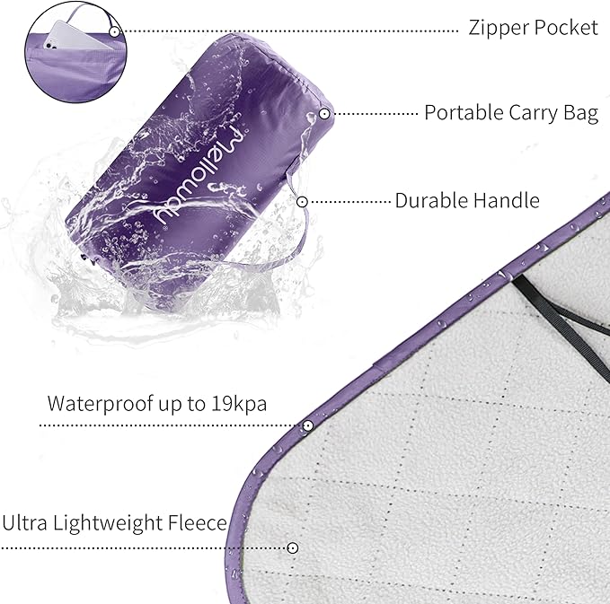 Mellowdy Easy-Carry Outdoor Blanket - Waterproof, Windproof, Warm, Utility Blanket for Camping, Picnic, Stadium, Beach, Gameday, Travel, Foldable with Carrying Bag (Lilac Purple,55x80 inch)
