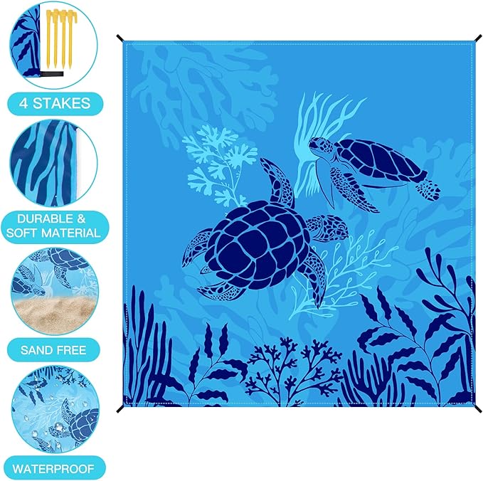 Airensky Beach Blanket, Sandproof Beach Mat 79" X 82" for 4-7 Adults, Large Waterproof Beach Blanket Compact Lightweight Beach Blanket with 4 Stakes for Picnic Camping Travel Hiking(Blue Turtles)