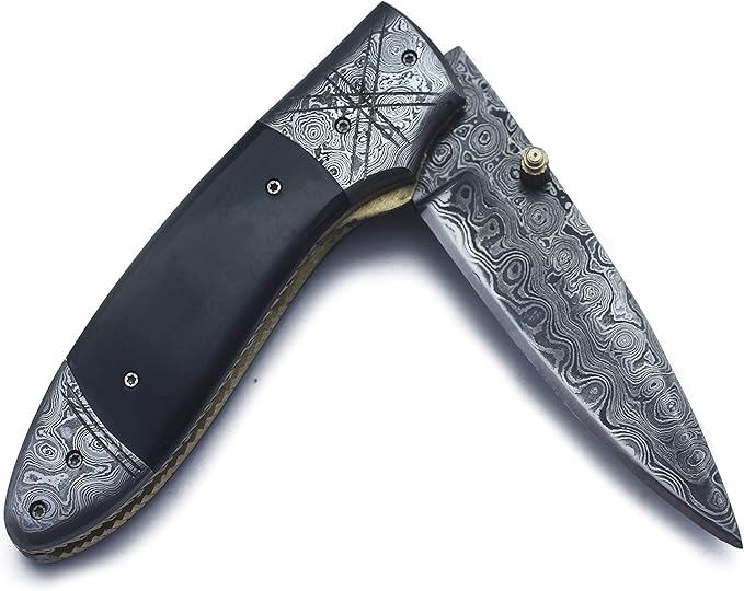 Handmade Damascus Folding Pocket Bowie Knife For EDC,Hunting,Survival,Camping,Fishing Skinning and Bushcraft with Full Tang Micarta Handel and Cowhide-Leather Sheath For Men and Women - DCF21-25