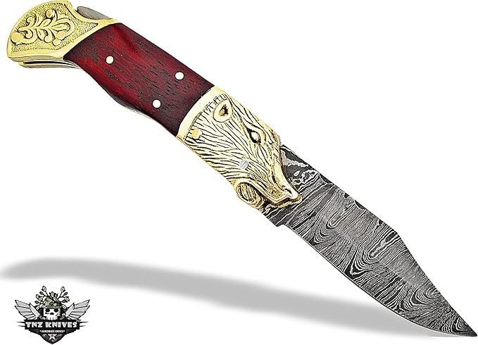 TNZ-524 Damascus Handmade Pocket Engraved Bolsters Folding Knife 4" Blade, 8.5" Overall ,8 oz, Padauk Wood Handle With Leather Cover >>>> TNZ Hand Made Damascus knives