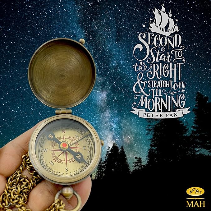 Second Star to The Right J. M. Barrie, Peter Pan Engraved Handmade Brass Compass for Birthday, Graduation Day, Confirmation Gift, Valentine Gift Parting Gift and Campion, Hiking Compass with Case