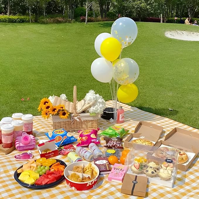 Large Picnic Blankets Waterproof Foldable Yellow Gingham Mat Tote bag for Outdoor Park Beach Camping Travel (80x80 inch)