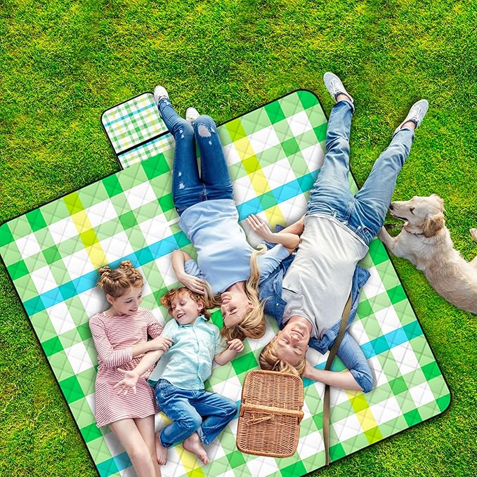 Portable Waterproof Picnic Blanket,Picnic Blankets Extra Large Outdoor 80"x80", Machine Washable, Extra Large Picnic Mat for Grass Concert, Park, Lawn,Travel,Green Gingham