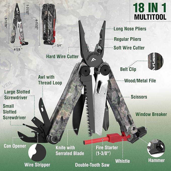 FLISSA Multitool, 18 in 1 Camo Multitool Pliers with Fire Starter, Window Breaker, Whistler, Stainless Steel EDC Gear with Sheath - Perfect for Survival, Simple Repair, Outdoor, Camping
