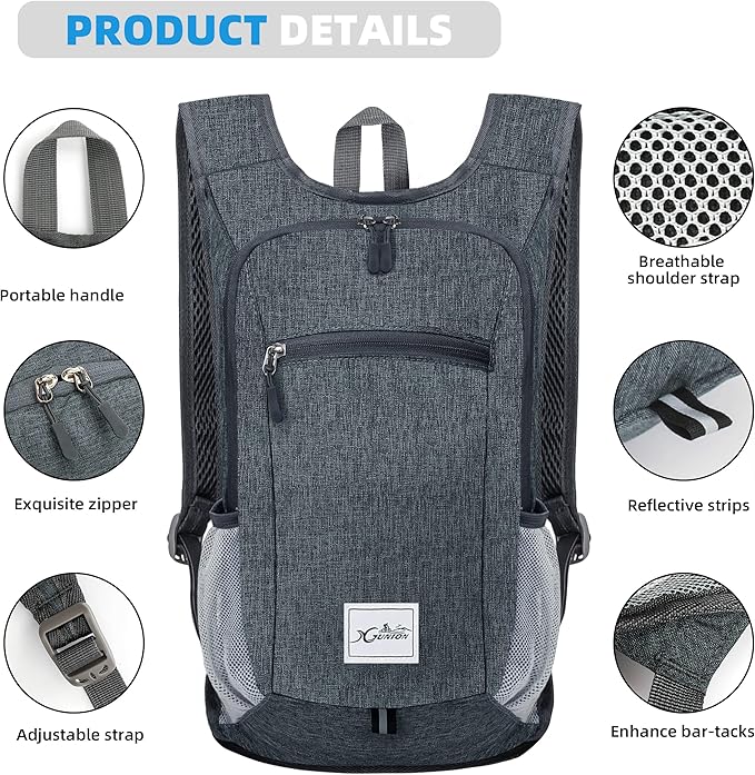 Hiking Backpack 15L Small Travel Backpack Lightweight Daypack Foldable Hiking Backpack Packable Camping Hiking Backpack for Women Men (Dark Grey)
