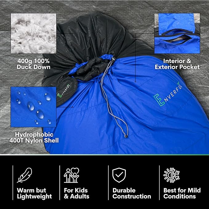 Duck Down Mummy Sleeping Bag for Adults – Cold & Warm Weather Sleeping Bags – Lightweight, Compact & Portable Camping – Sleep Bag for Hiking & Backpacking – Compression Carrying Bag