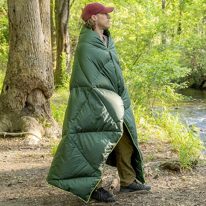 Pelican Outdoor Woobie Camping Accessories - Blanket - Poncho Liner w/Carry Bag - [Water Resistant] [600 Duck Down Fill] - Light, Soft, Warm Travel Blanket - Camping Gifts for Hiking, Picnic - Olive