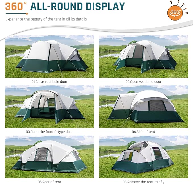 Tents for Camping 6/8/10/11 Person Large Camping Tent with Porch Big Tent with Rainfly & Reflective Windproof Rope Portable with Carry Bag for Family Camping & Hiking