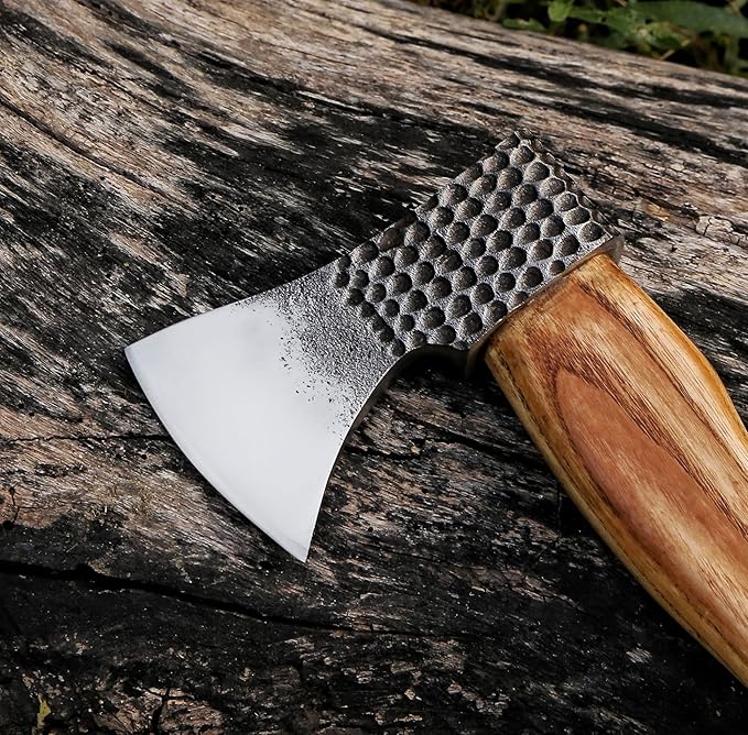 HotSteel Carving Axe Hand Forged Camping Axe with Sheath - Bushcraft Hatchet Camping Small Axe with Wood Handle - Bearded Wooden Axe Survival Hatchet Axe for Chopping Wood and Gardening