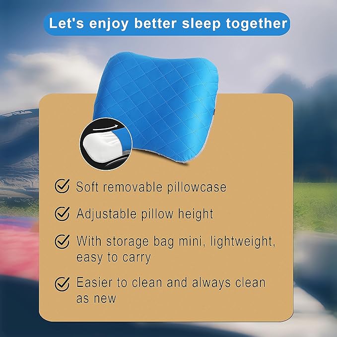 Portable Inflatable Neck Pillow for Outdoor Travel, Camping, Office Naps-Polyester + Washable Cotton-Color Available-Simple and Comfortable (Blue)